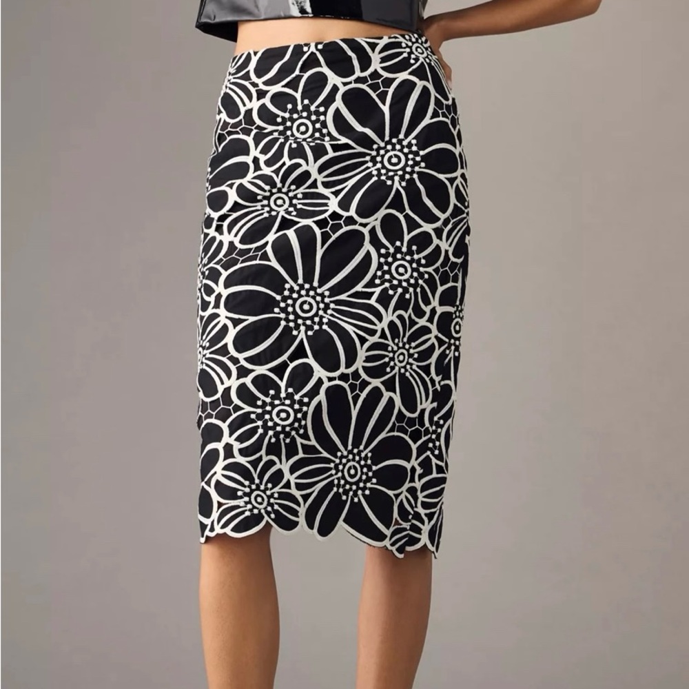 Anthropologie Black and White Floral Pencil Skirt